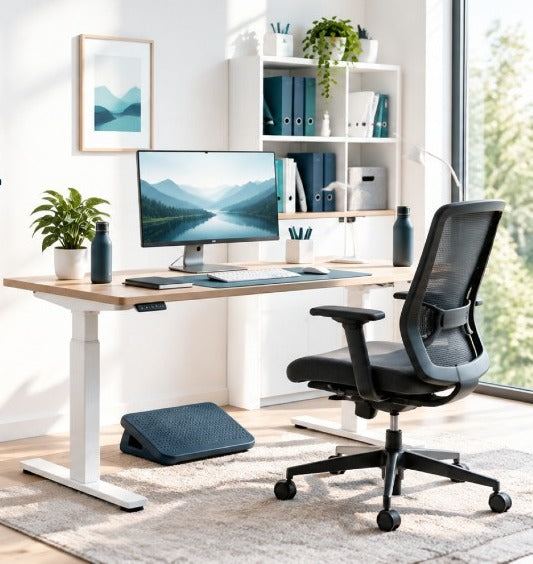 Aufgeräumter Homeoffice-Arbeitsplatz mit Schreibtisch und ergonomischem Stuhl