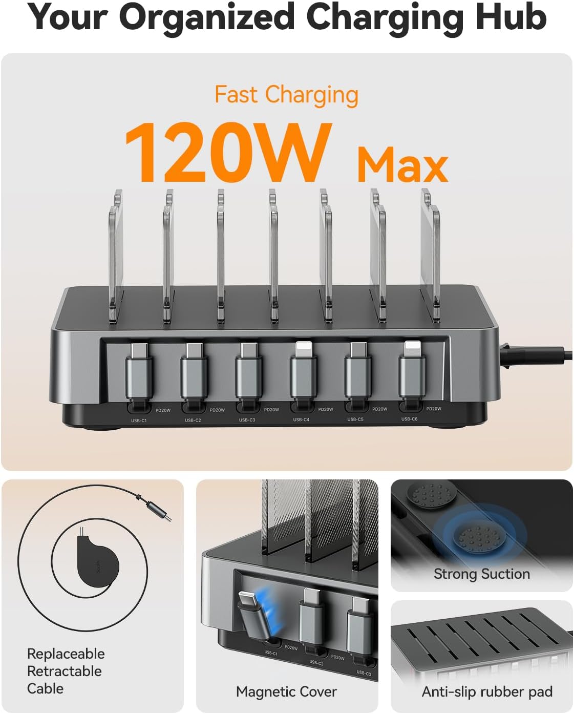 HomeHub H1 Pro Ladestation 120W mit 6 Ports Grau