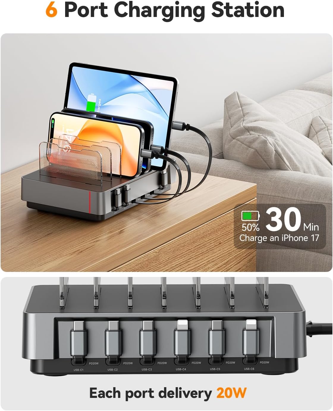 HomeHub H1 Pro Ladestation 120W mit 6 Ports Grau